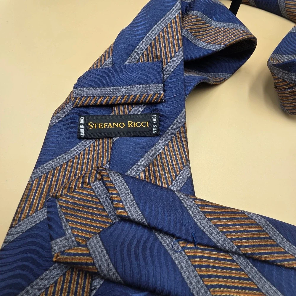 Stefano Ricci Mens Silk Tie Blue Grey Bronze Striped Wavy Jacquard Made in Italy